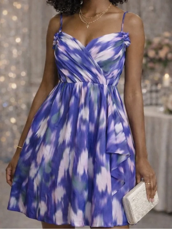 Purple Blue Abstract Print Dress | Flowy Fit & Flare Mini | 100% Silk | Size 8 - Picture 16 of 16